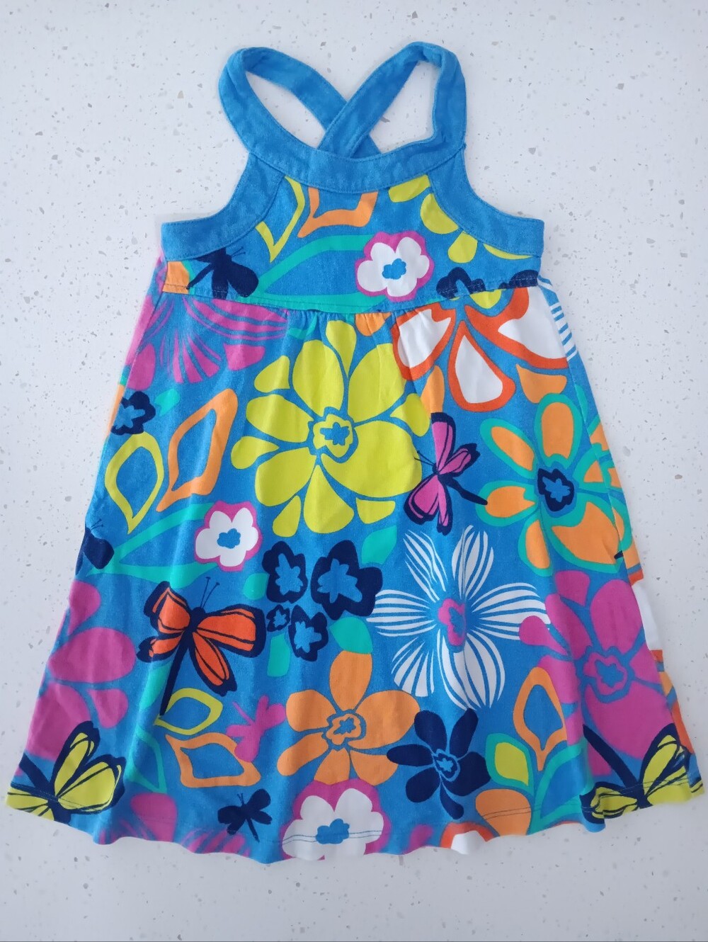 Girls' Blue and Orange Butterfly Floral Halter Dress Size 5T